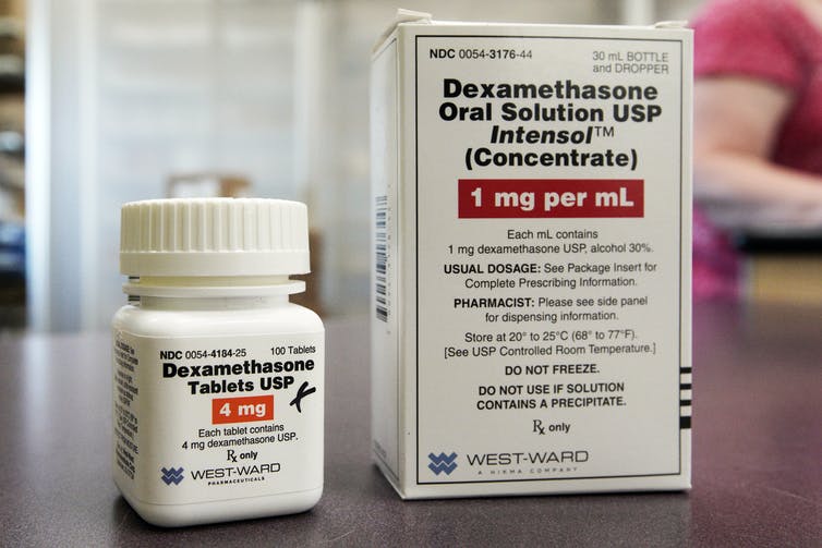 A photo showing a bottle of dexamethasone.