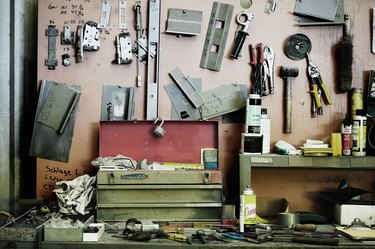 Workbench cluttered with tools