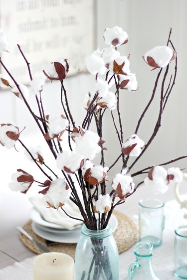 Faux coton branch centerpiece closeup