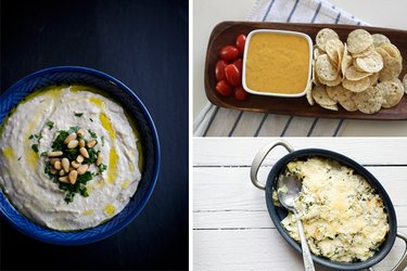 Hummus dip, nacho cheese dip, kale and artichoke dip