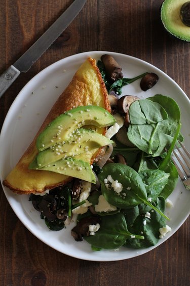 Omega-3 omelet with sauteed vegetables and avocado.