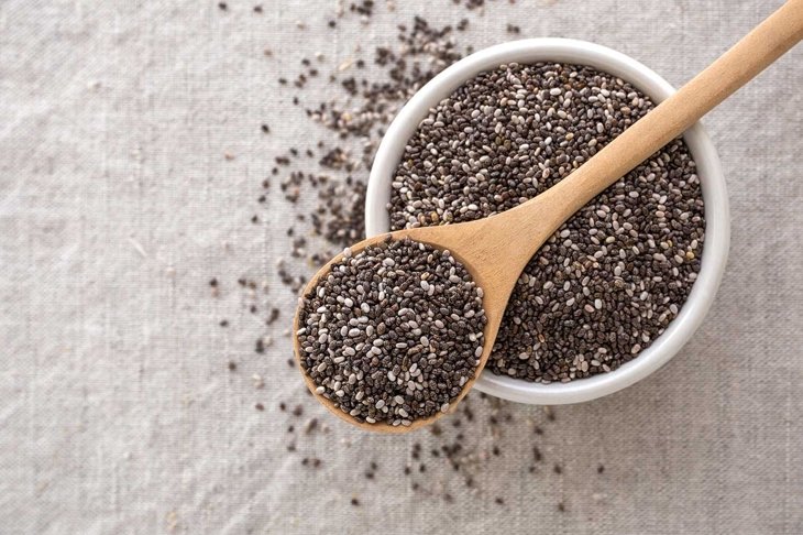 Chia seeds in wooden spoon and bowl from top view with space